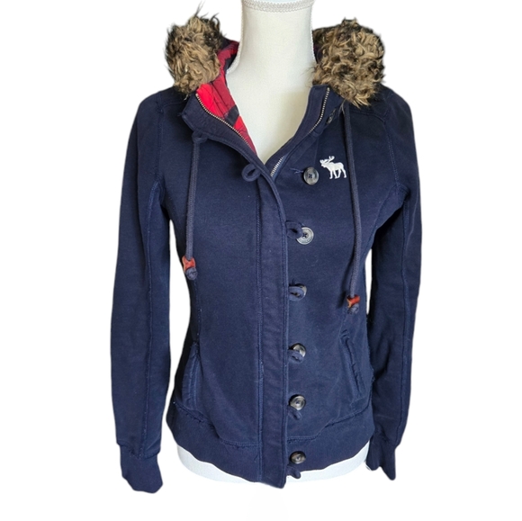 Abercrombie & Fitch Navy Blue Fur Hooded Jacket Size Medium - Picture 2 of 5